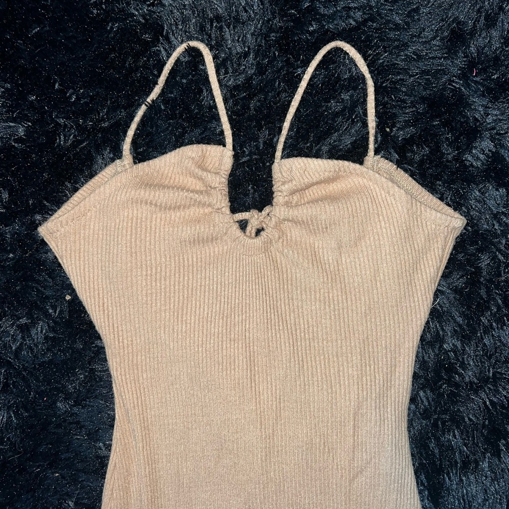Tan Ribbed Bodycon Mini Dress - Picture 3 of 9